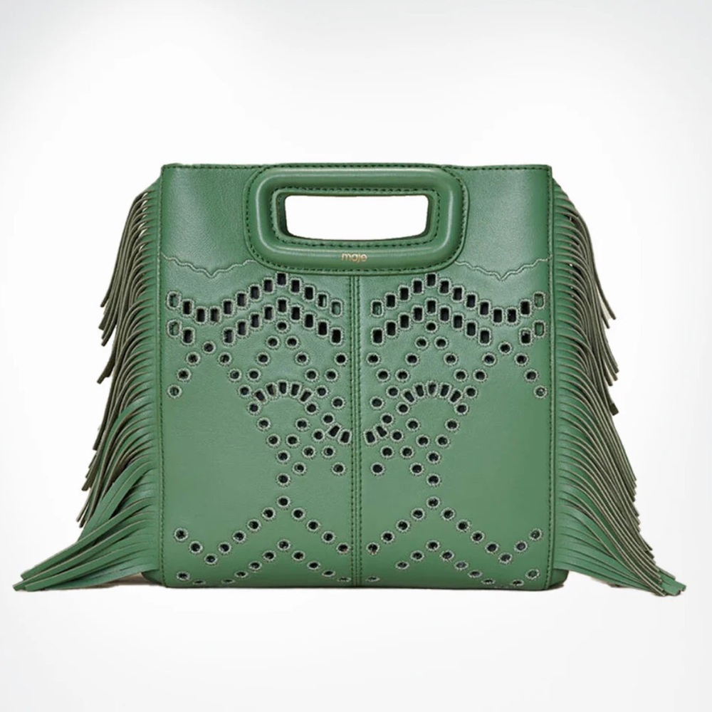 NWT MAJE Perforated Fringed Leather M Bag in Green